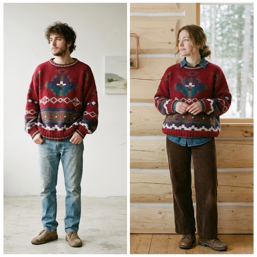 90s LL BEAN Geometric Pure New Wool Sweater Made in Hong Kong Large Grandpa Core - Picture 12 of 12